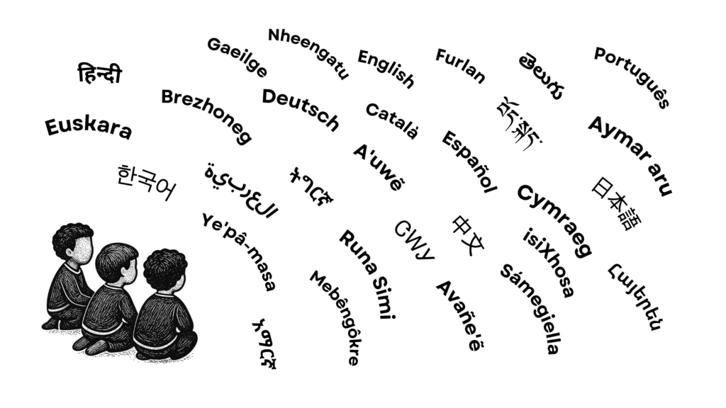 Três crianças em arte linear sentadas no canto olhando e observando muitos idiomas escritos nos seus próprios idiomas.
