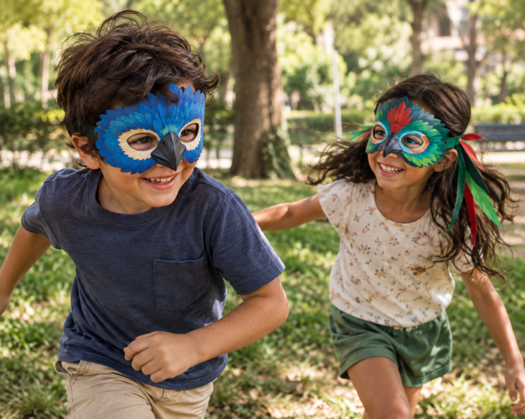 uma menina e um menino brincando de correr no parque usando mascarás de aves do kit "As cores que voam".