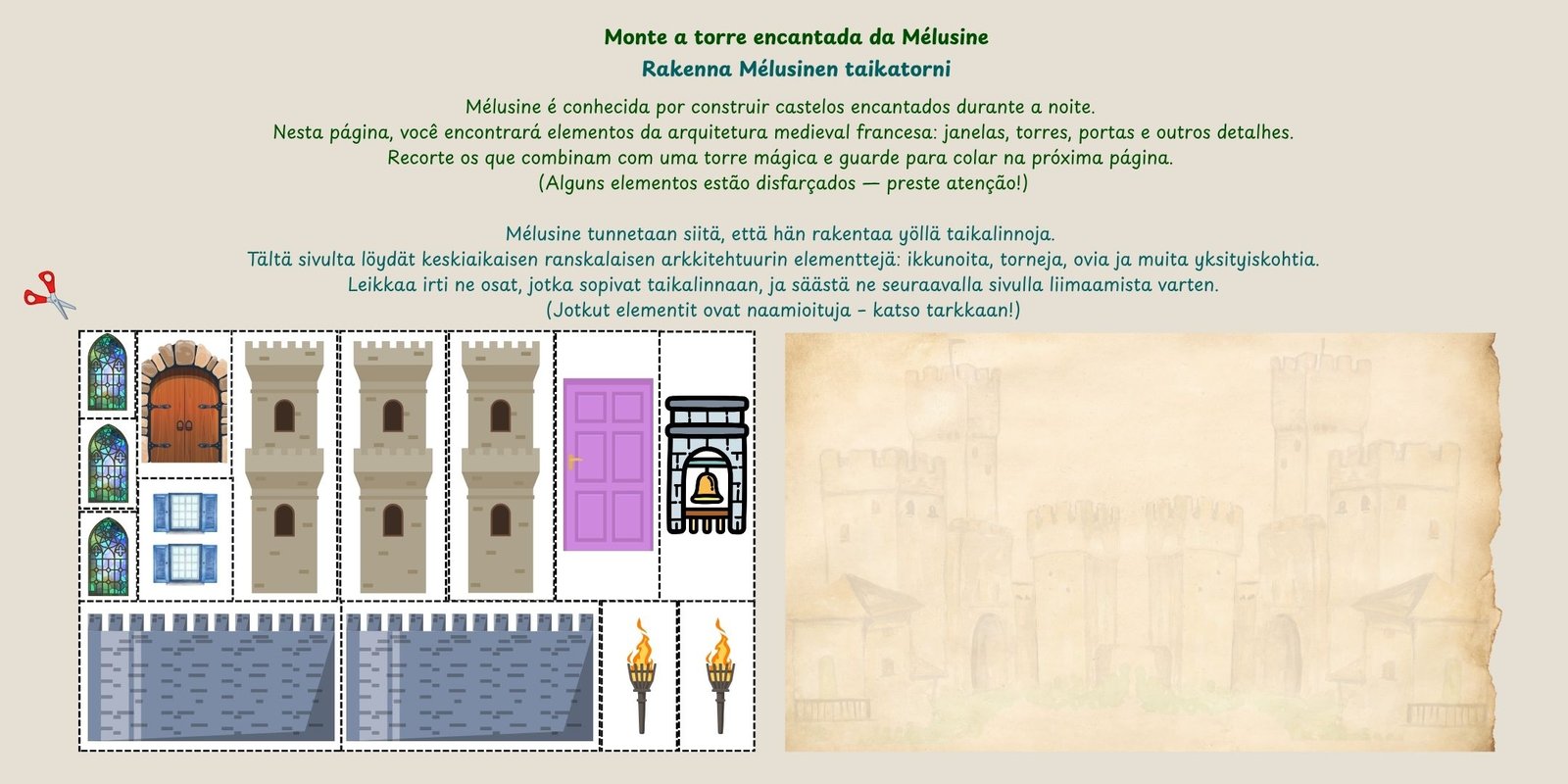 Atividade sobre Mélusine para recortar objetos e criar seu castelo medieval.