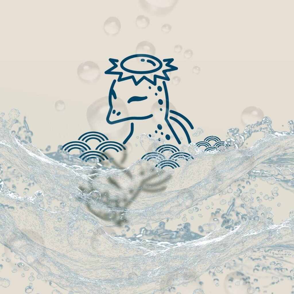 Ilustração autoral de uma criatura aquática representando o Kappa da mitologia japonesa.